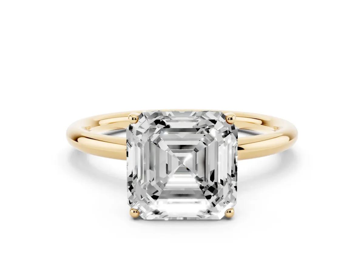 Asscher Cut Solitaire Diamond Ring with a Classic Band and Four-Prong Setting Yellow gold