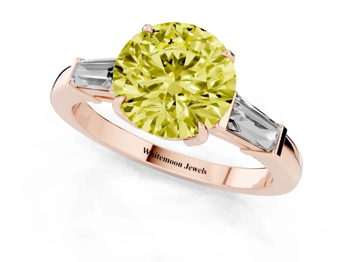 Fancy Yellow Round Cut Diamond Three-Stone Ring with Tapered Baguette Side Stones and Prong Setting Rose gold