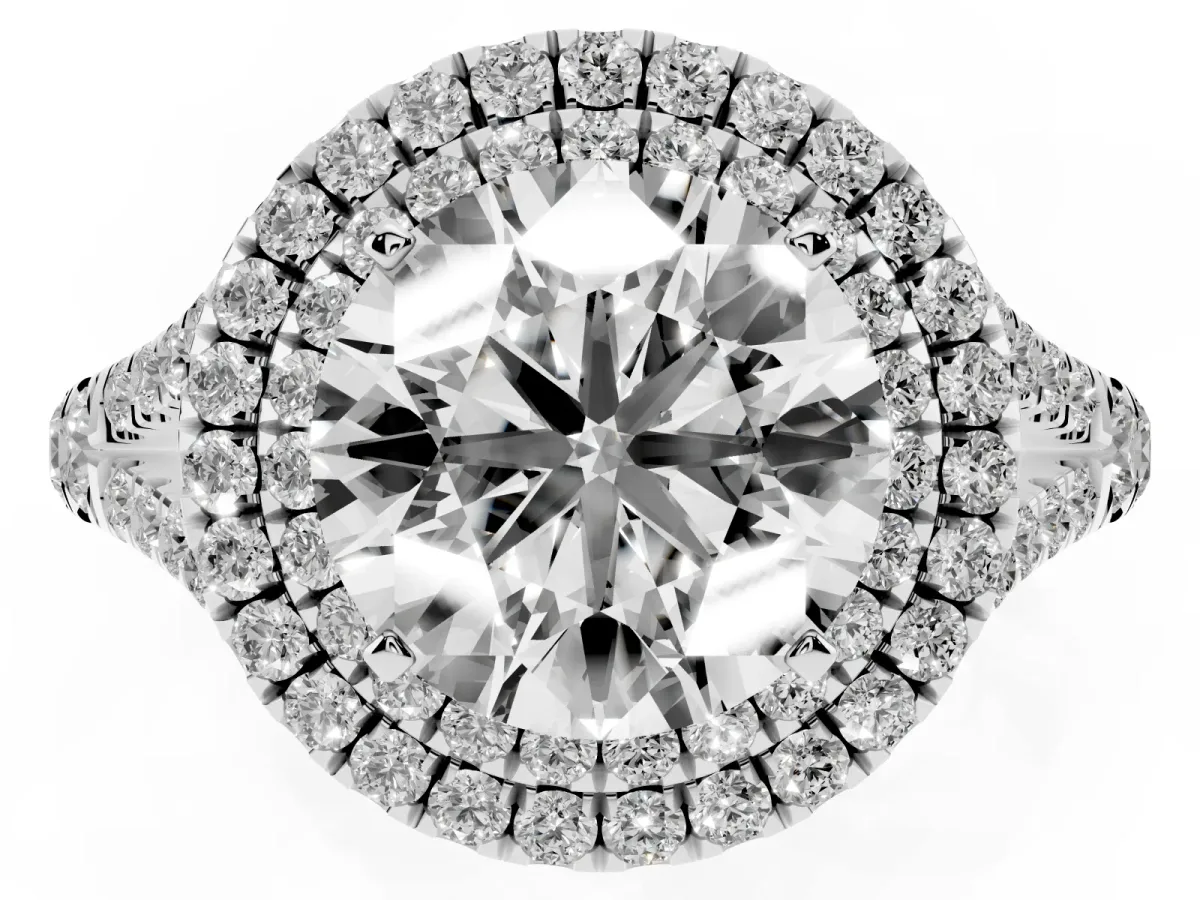 Double Halo Round Cut Diamond Split Shank Engagement Ring with Four-Prong Setting Silver