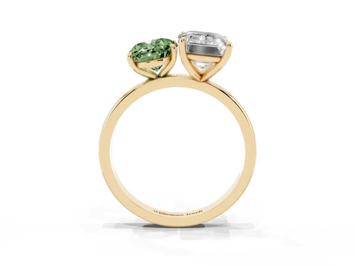 Fancy Green Oval Cut and Emerald Cut Toi Moi Ring with Prong Setting Yellow gold
