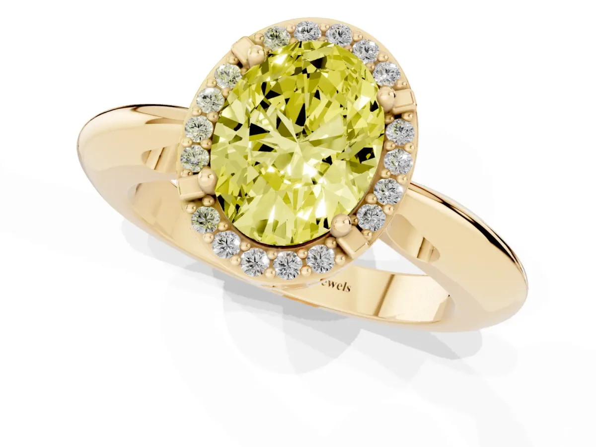 Fancy Yellow Oval Cut Cut Diamond Halo Engagement Ring with Split Shank and Four-Prong Setting Yellow gold