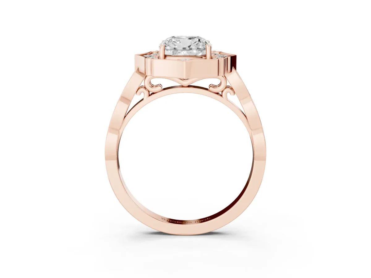 Cushion Cut Halo Diamond Engagement Ring with Milgrain Band and Four-Prong Setting Rose gold