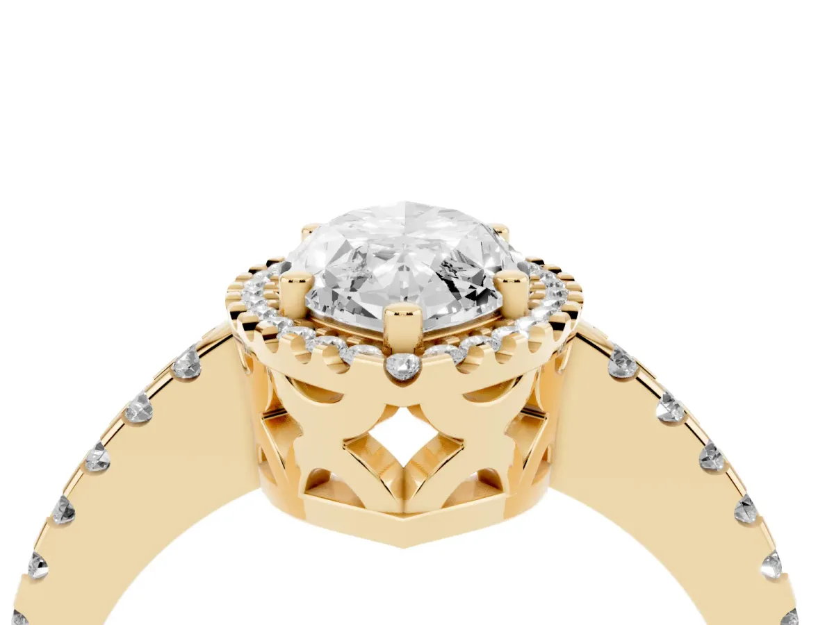 Marquise Cut Diamond Halo Engagement Ring with Pavé Band and Prong Setting Yellow gold