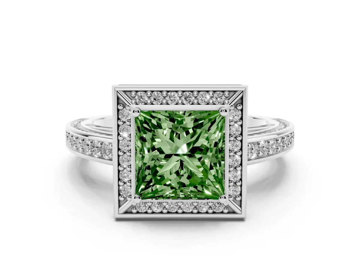 Fancy Green Princess Cut Cut Halo Pave Split Shank Prong Setting Ring Platinum