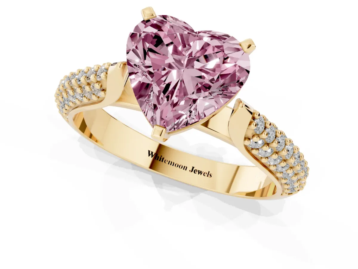 Fancy Pink Heart Cut Diamond Solitaire Engagement Ring with Multi-Row Round Pavé Band and Prong Setting Yellow gold