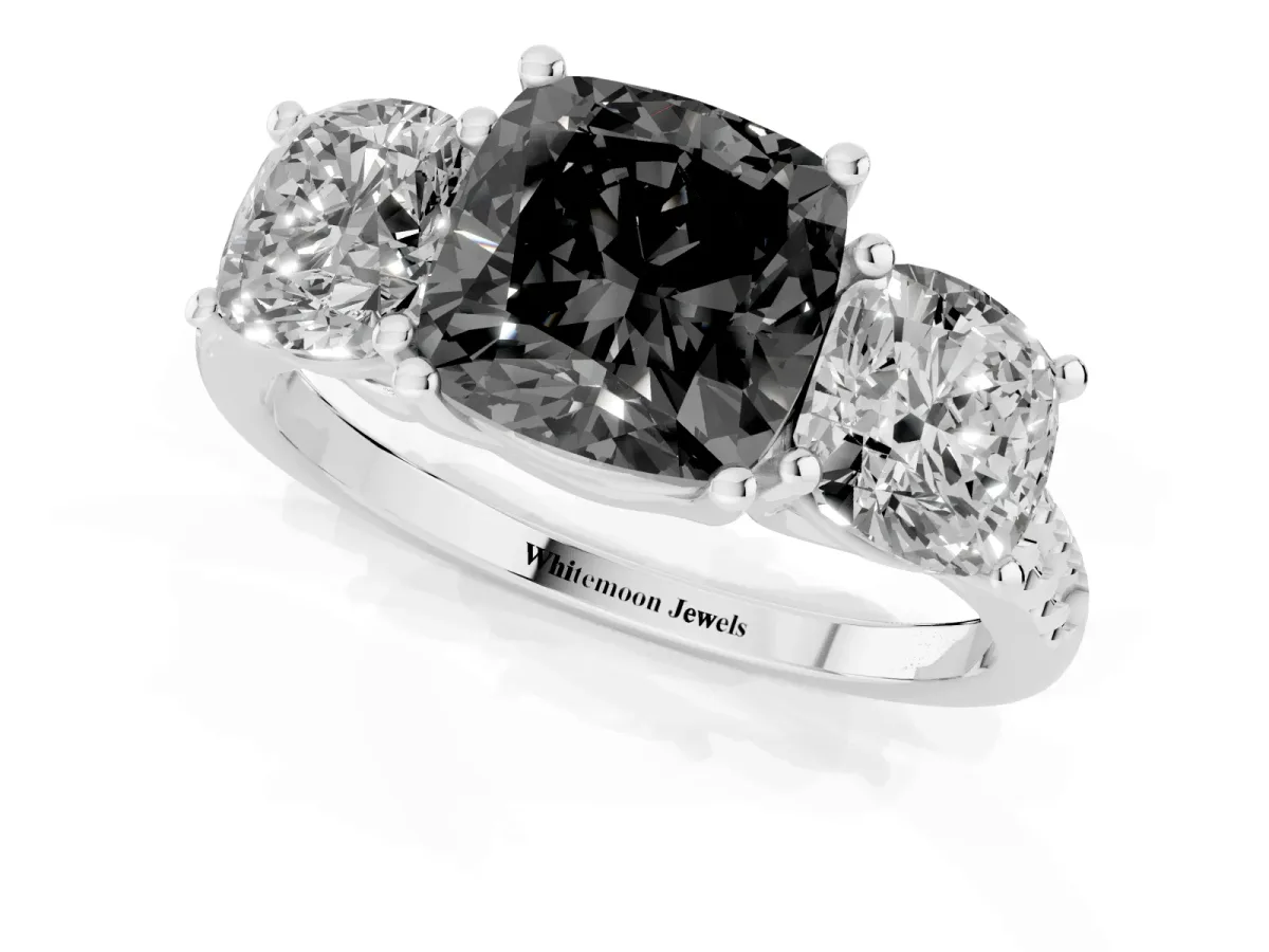 Fancy Black Three-Stone Cushion Cut Diamond Ring with Round Pavé Band and Prong Setting Silver