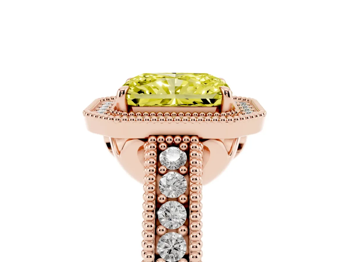 Fancy Yellow Radiant Cut Cut Halo Diamond Ring with Pavé Band and Four-Prong Setting Rose gold