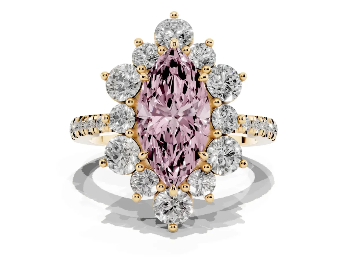 Fancy Pink Marquise Cut Diamond Floral Halo Ring with Round Pavé Band and Prong Setting Yellow gold