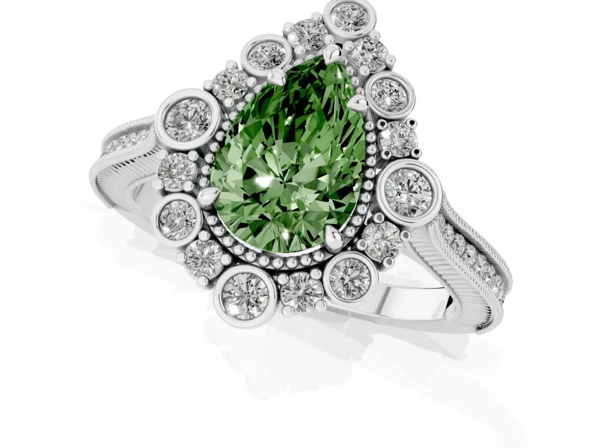 Fancy Green Pear Cut Halo Milgrain Pave Diamond Ring with Four-Prong Setting Silver