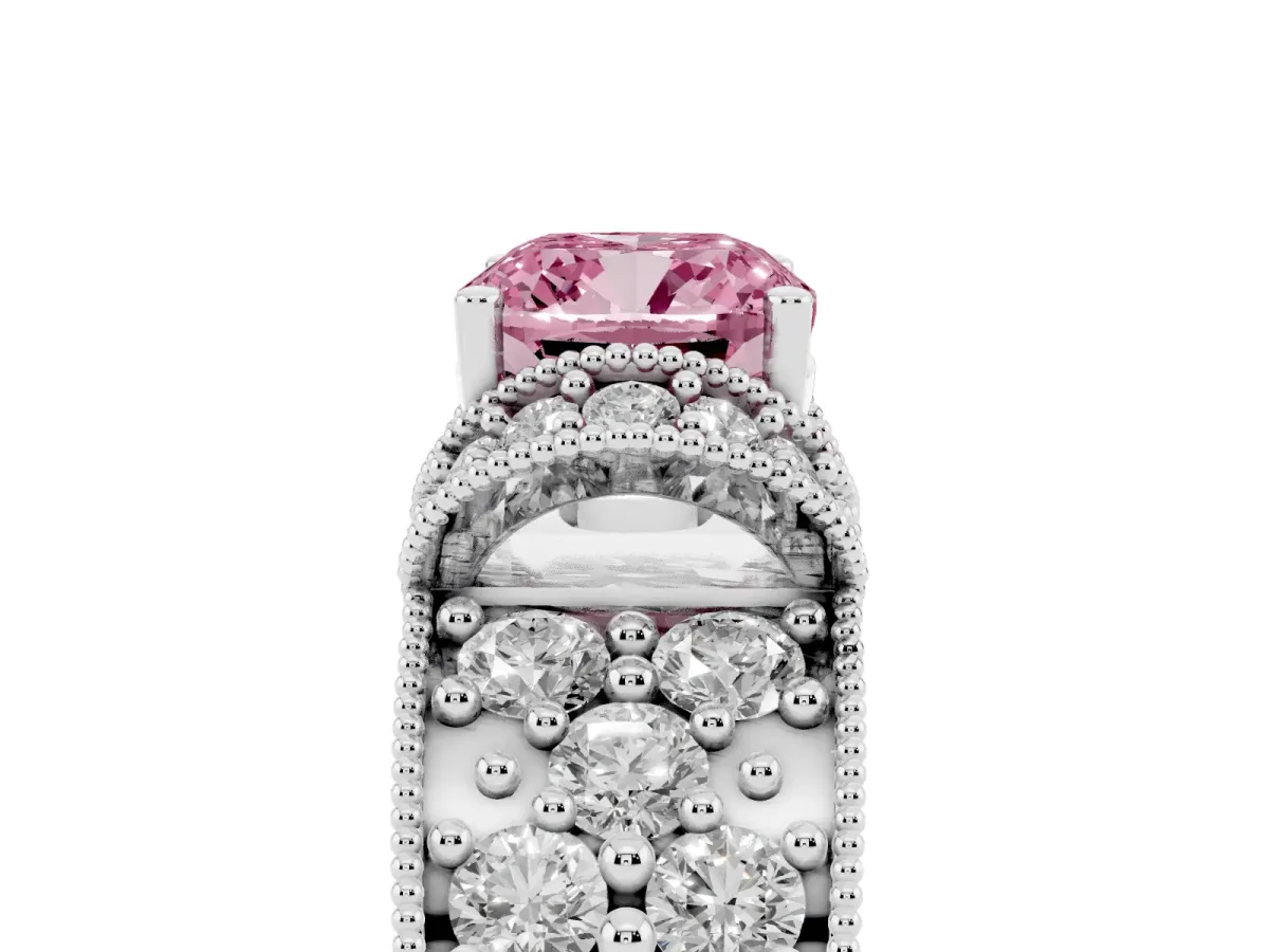 Fancy Pink Cushion Cut Halo Pave Diamond Engagement Ring with Milgrain Detailing Silver