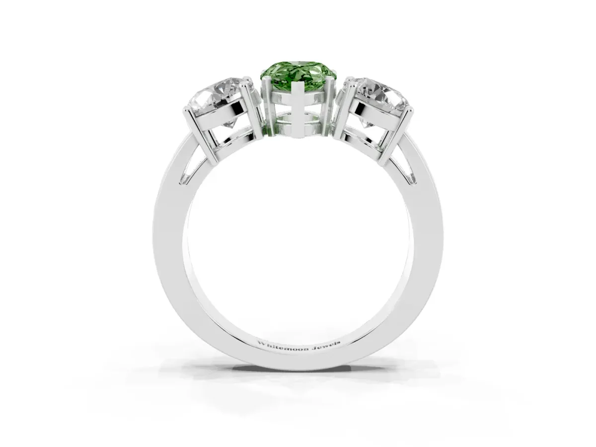 Fancy Green Three-Stone Pear Cut Diamond Ring with Round Side Stones, Classic Band, and Four-Prong Setting Platinum