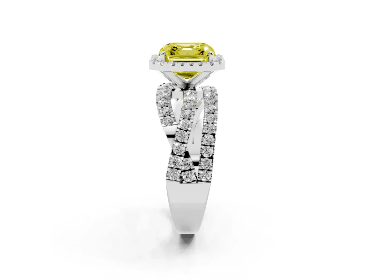 Fancy Yellow Asscher Cut Diamond Halo Ring with Round Split Shank and Prong Setting Silver