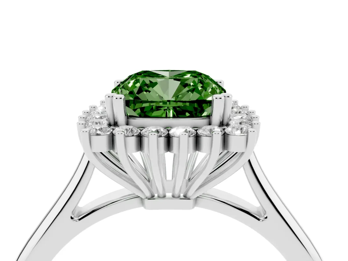 Fancy Green Cushion Cut Cut Diamond Halo Ring with Solitaire Band and Prong Setting Silver