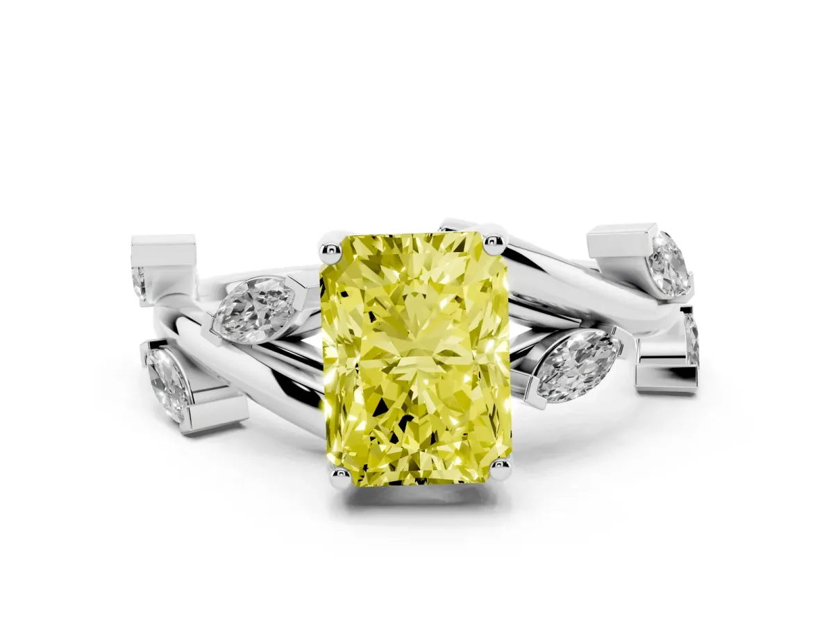 Fancy Yellow Radiant Cut Solitaire Twisted Band Marquise Accent Prong Setting Ring Silver