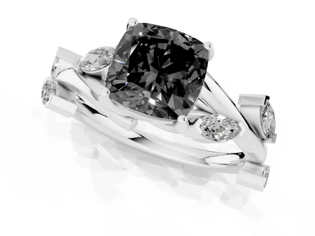 Fancy Black Cushion Cut Solitaire Twisted Band Marquise Accent Prong Setting Ring Platinum