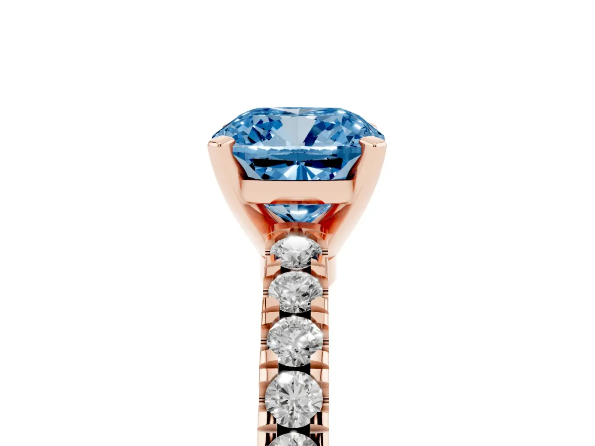 Fancy Blue Cushion Cut Solitaire Diamond with Pavé Band and Four-Prong Setting Rose gold