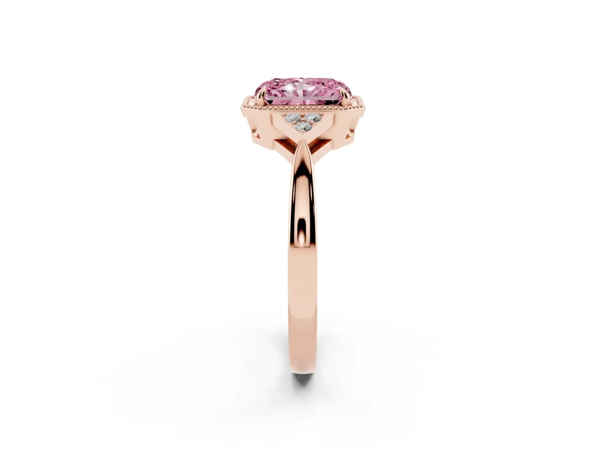 Fancy Pink Radiant Cut Diamond Halo Ring with Tapered Band and Four-Prong Setting Rose gold