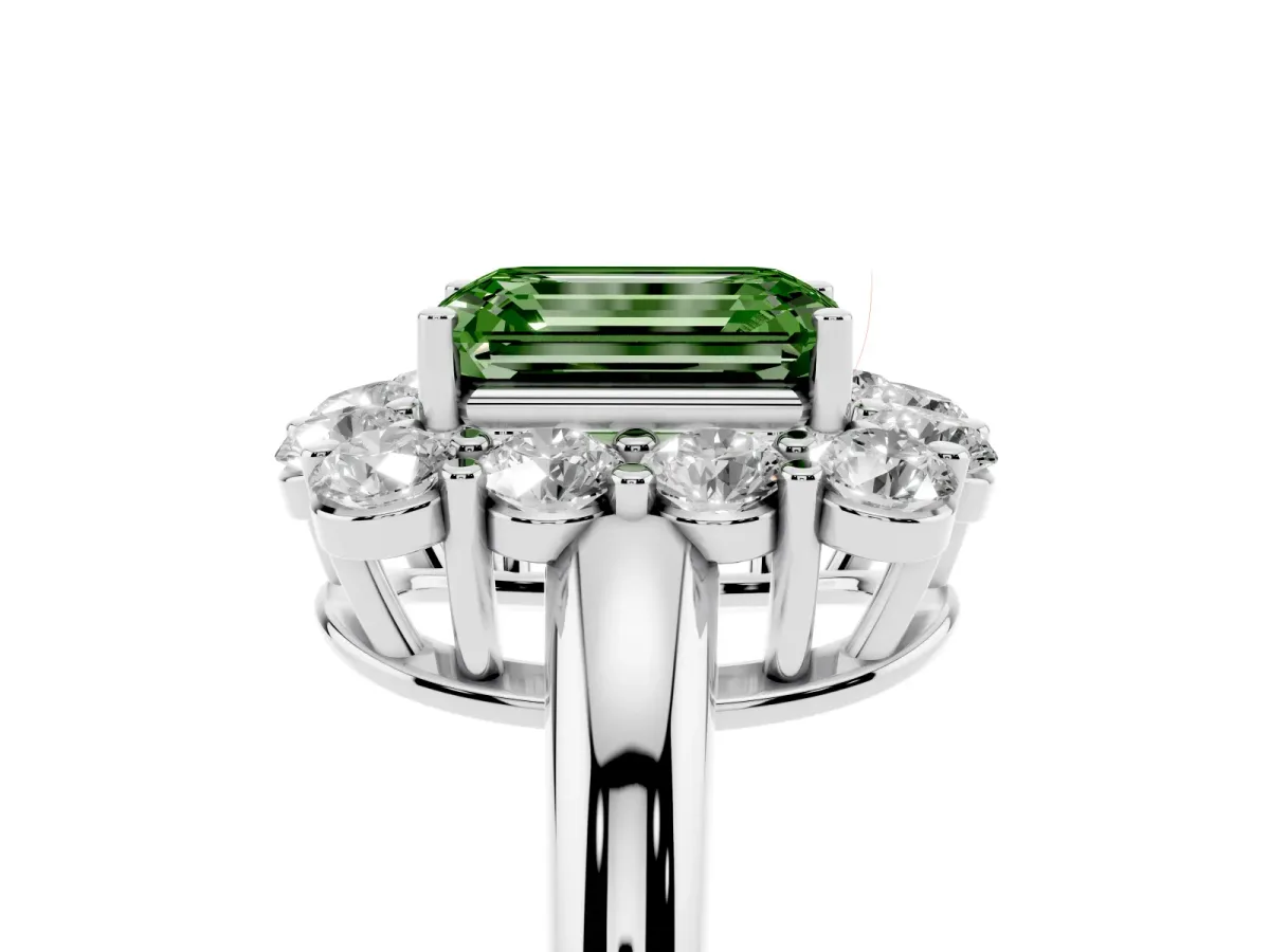 Fancy Green Emerald Cut Halo Cluster Diamond Engagement Ring with Prong Setting and Polished Band Platinum