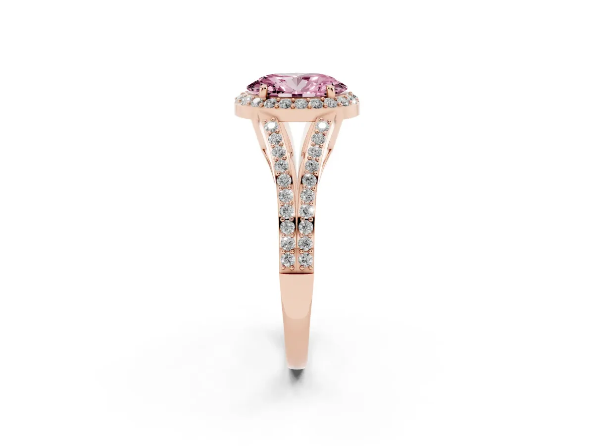 Fancy Pink Oval Cut Halo Split Shank Diamond Ring with Prong Setting Rose gold