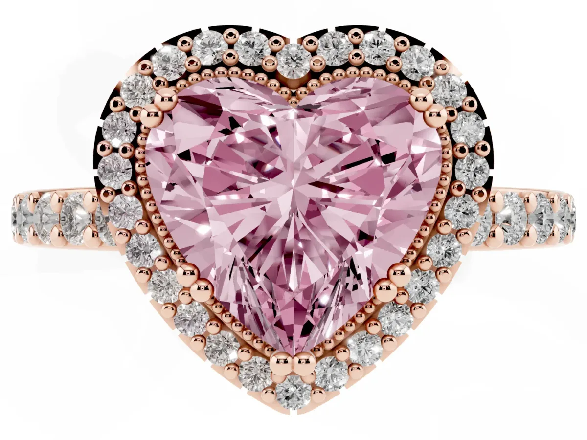 Fancy Pink Heart Cut Cut Diamond Halo Engagement Ring with Milgrain Detail and Pavé Band Rose gold
