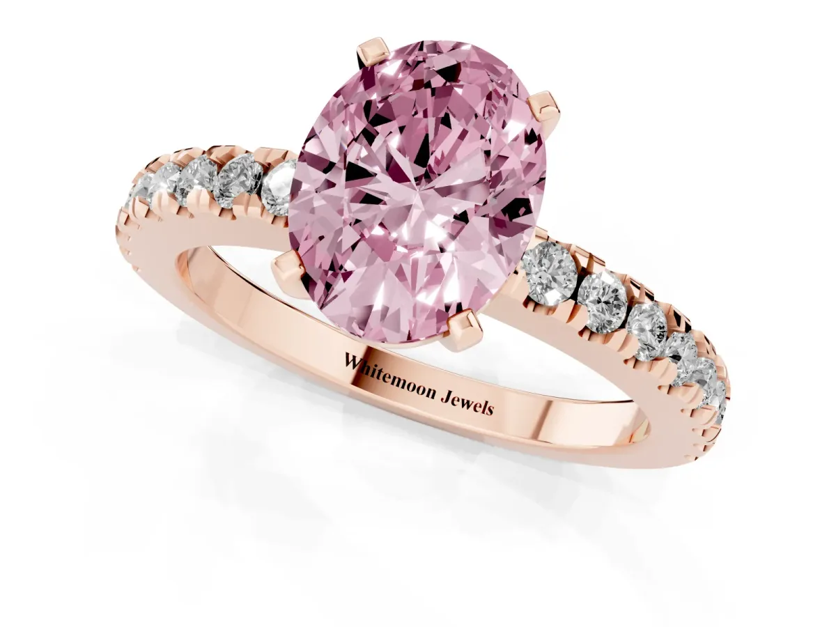 Fancy Pink Oval Cut Solitaire Diamond with Pavé Band and Four-Prong Setting Rose gold