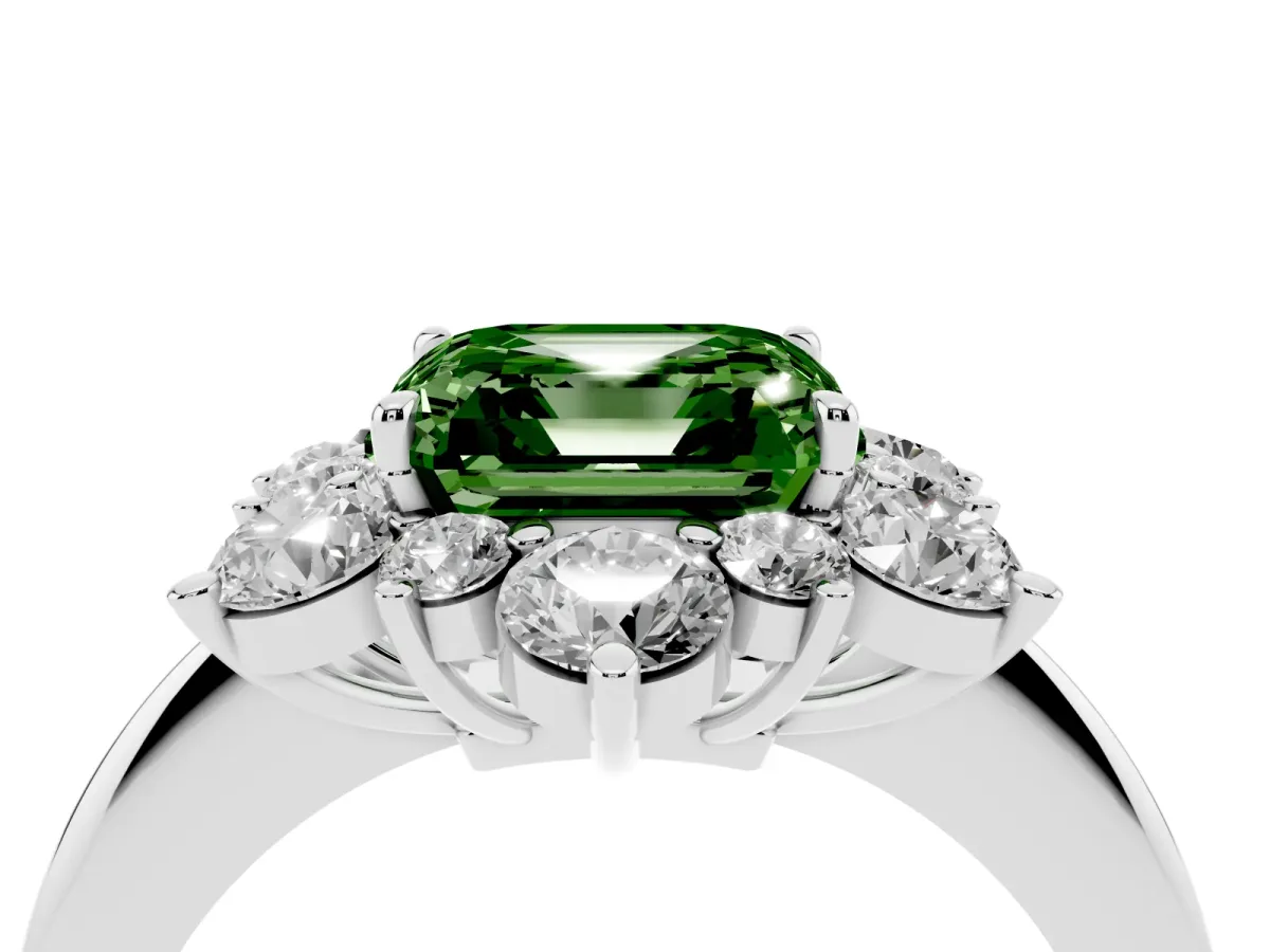 Fancy Green Asscher Cut Diamond Cluster Halo Ring with Solitaire Band and Four-Prong Setting White gold