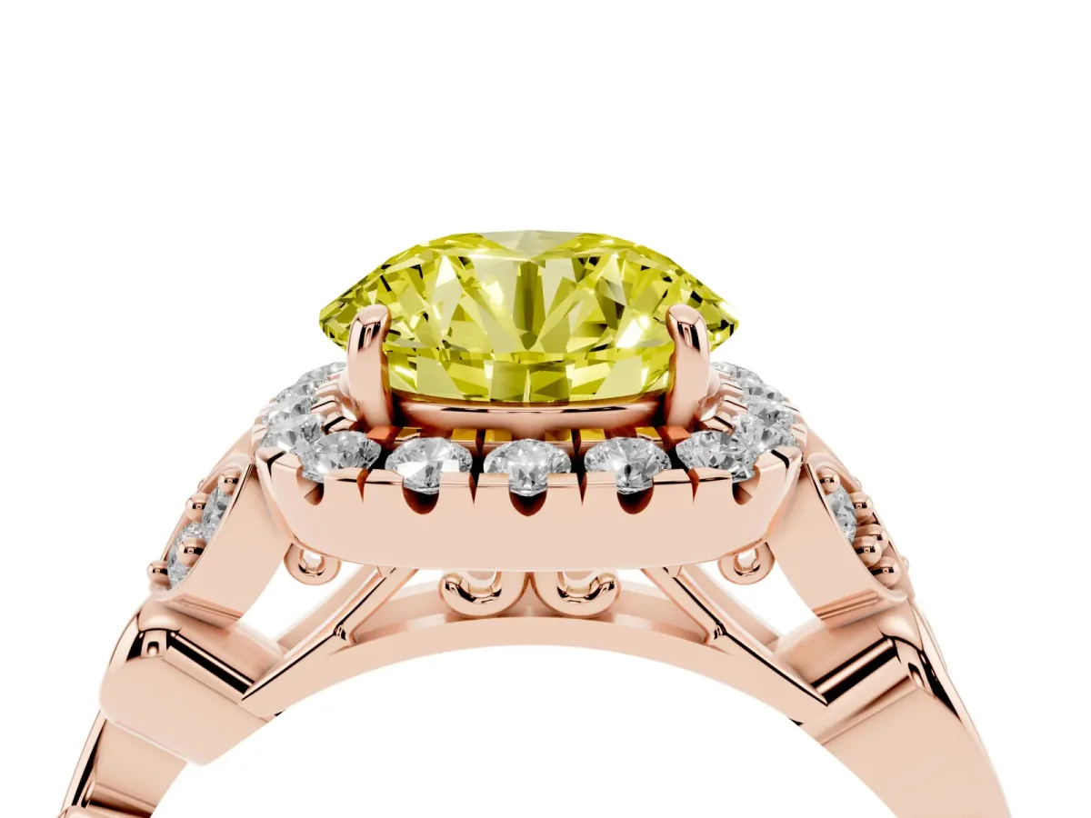 Fancy Yellow Round Cut Halo Diamond Engagement Ring with Vintage-Inspired Band and Four-Prong Setting Rose gold