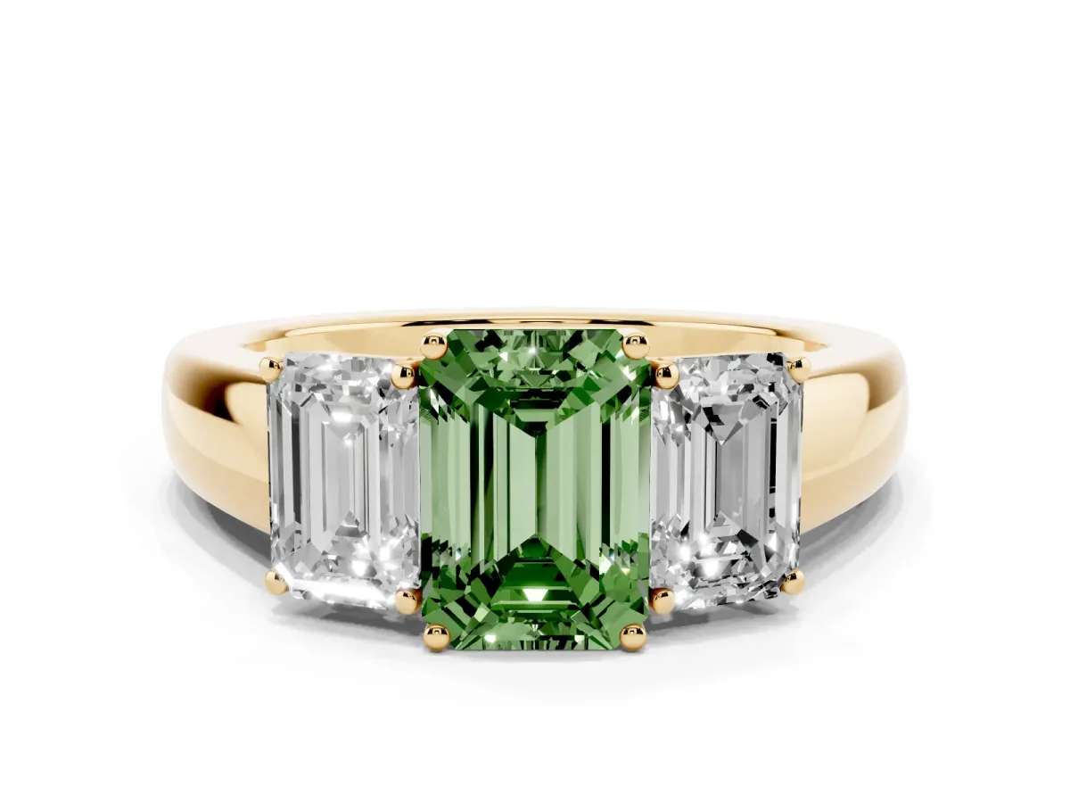 Fancy Green Three-Stone Emerald Cut Cut Diamond Ring with Prong Setting and Classic Band Yellow gold