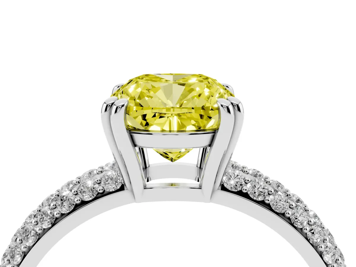 Fancy Yellow Cushion Cut Diamond Solitaire Ring with Multi-Row Round Pavé Band and Prong Setting Silver