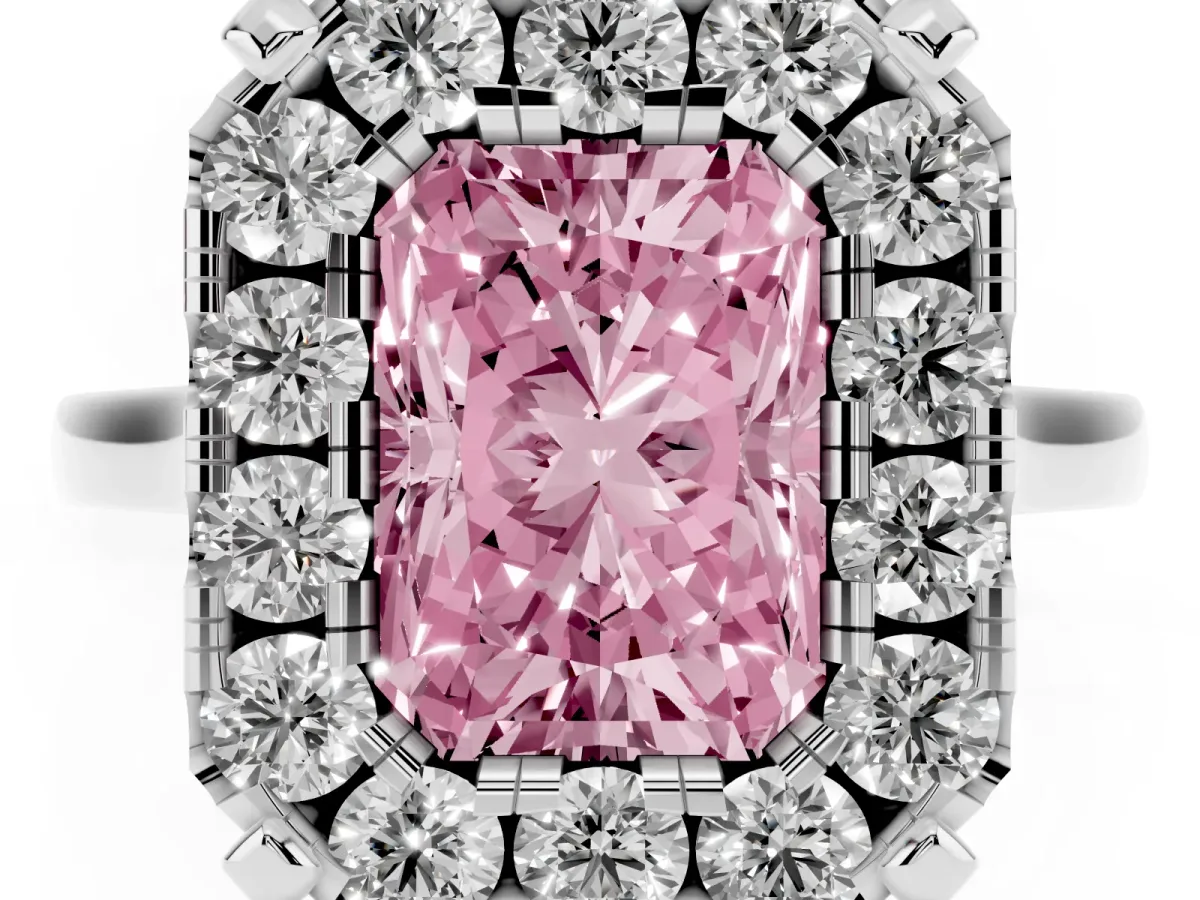 Fancy Pink Radiant Cut Diamond Cluster Halo Solitaire with Four-Prong Setting Silver