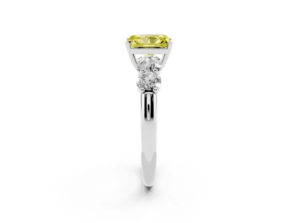 Fancy Yellow Radiant Cut Cut Five-Stone Prong Set Diamond Ring with Classic Band Silver