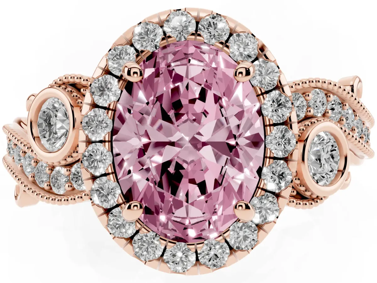 Fancy Pink Oval Cut Halo Diamond Ring with Milgrain and Bezel Accents on a Split Shank Band Rose gold