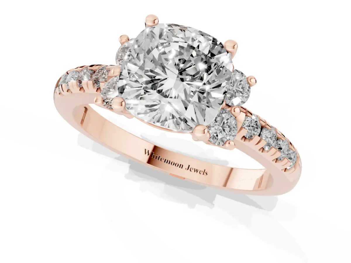 Cushion Cut Diamond Three-Stone Pave Band with Four-Prong Setting Rose gold