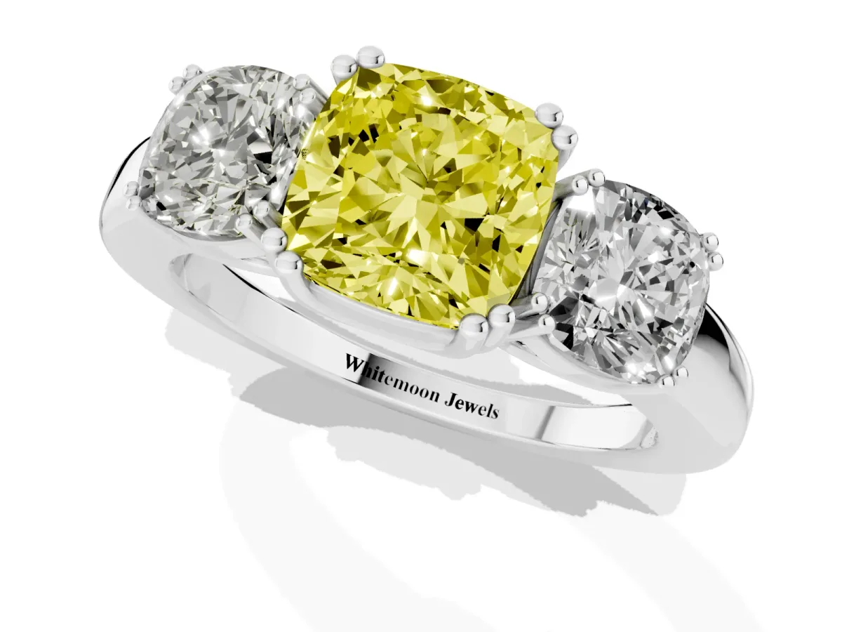 Fancy Yellow Three-Stone Cushion Cut Cut Diamond Ring with Channel Set Band and Four-Prong Setting Silver
