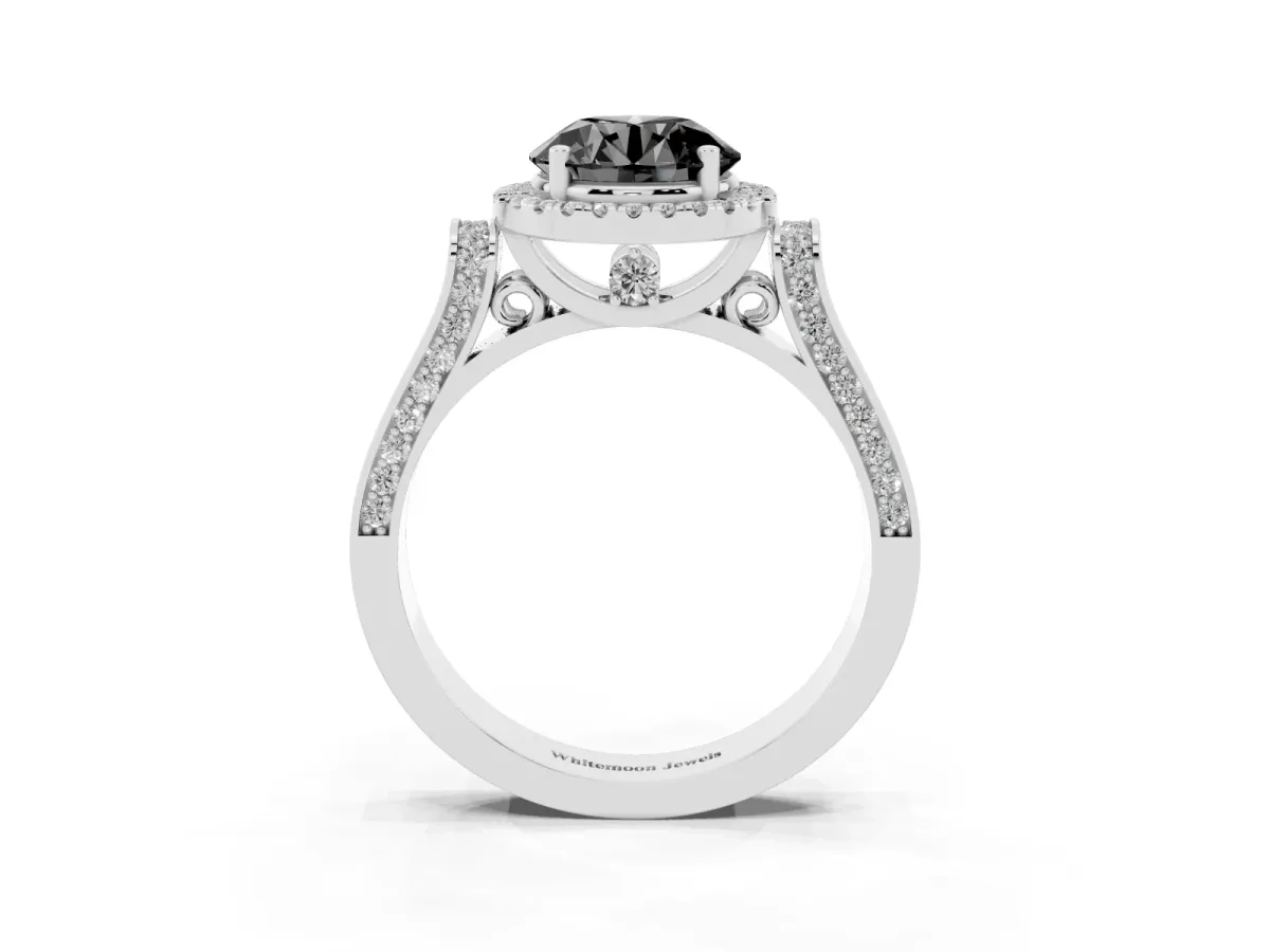 Fancy Black Round Cut Halo Round Diamond Twist Band with Four-Prong Setting Platinum