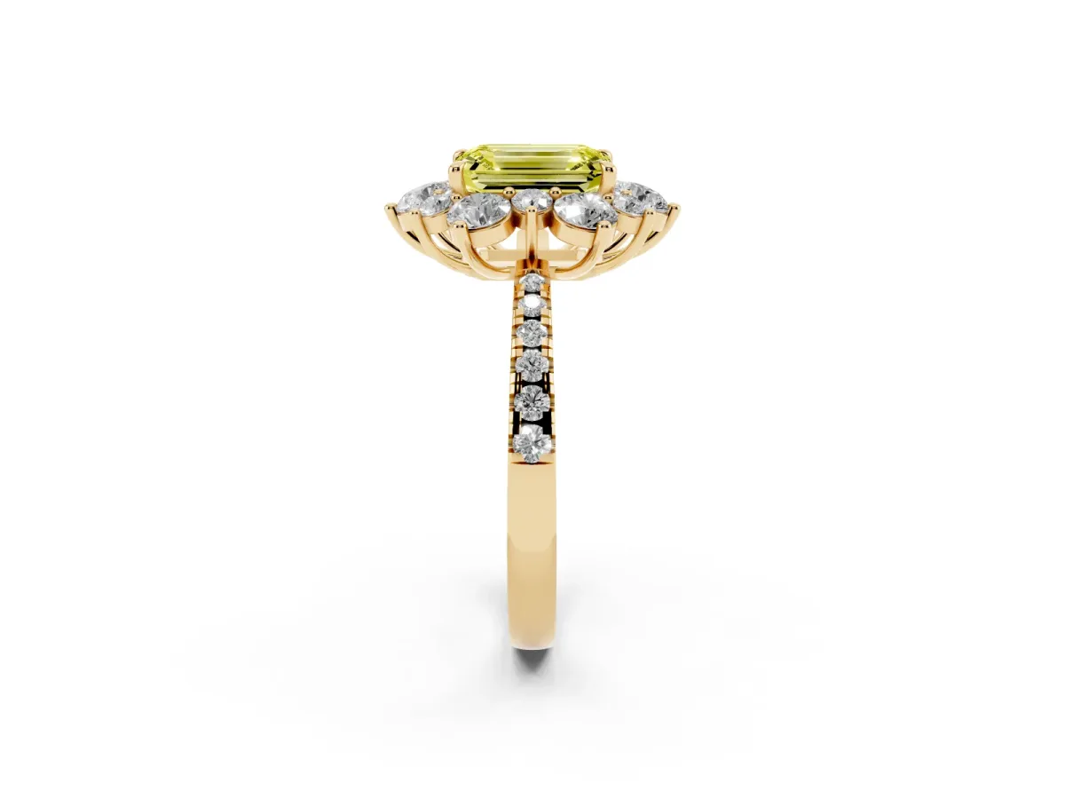 Fancy Yellow Emerald Cut Diamond Floral Halo Ring with Round Pavé Band and Prong Setting Yellow gold