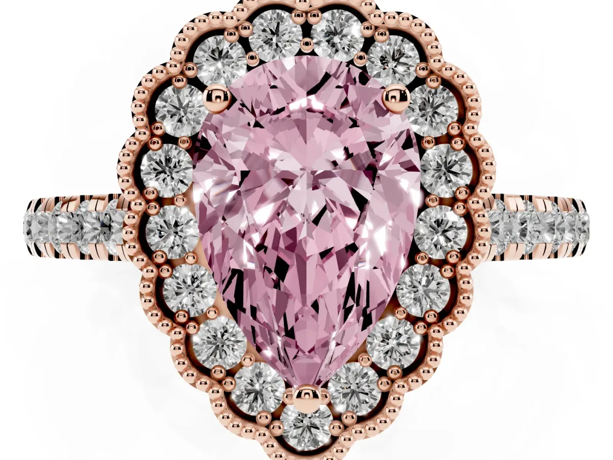 Fancy Pink Pear Cut Cut Diamond Milgrain Floral Halo Engagement Ring with Pavé Band Rose gold