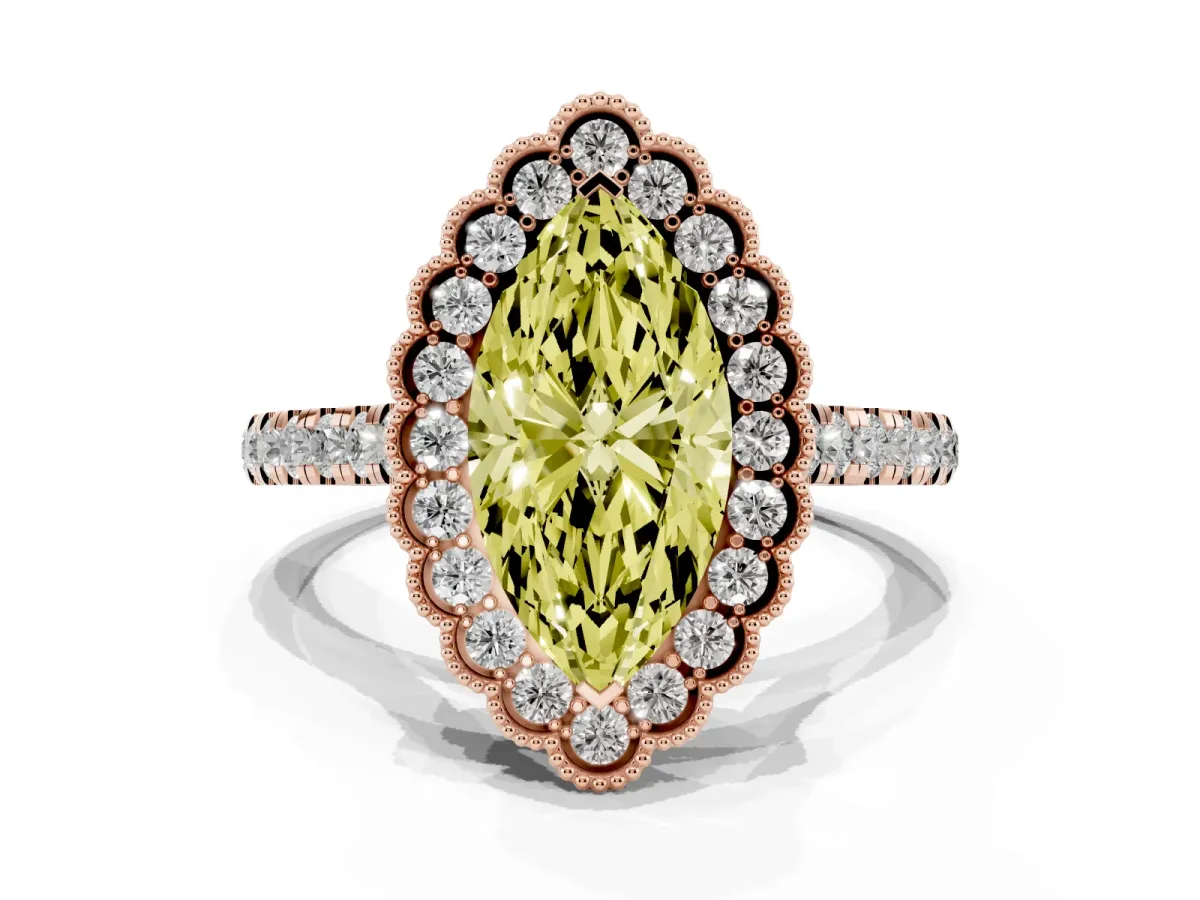 Fancy Yellow Marquise Cut Cut Diamond Milgrain Floral Halo Engagement Ring with Pavé Band Rose gold