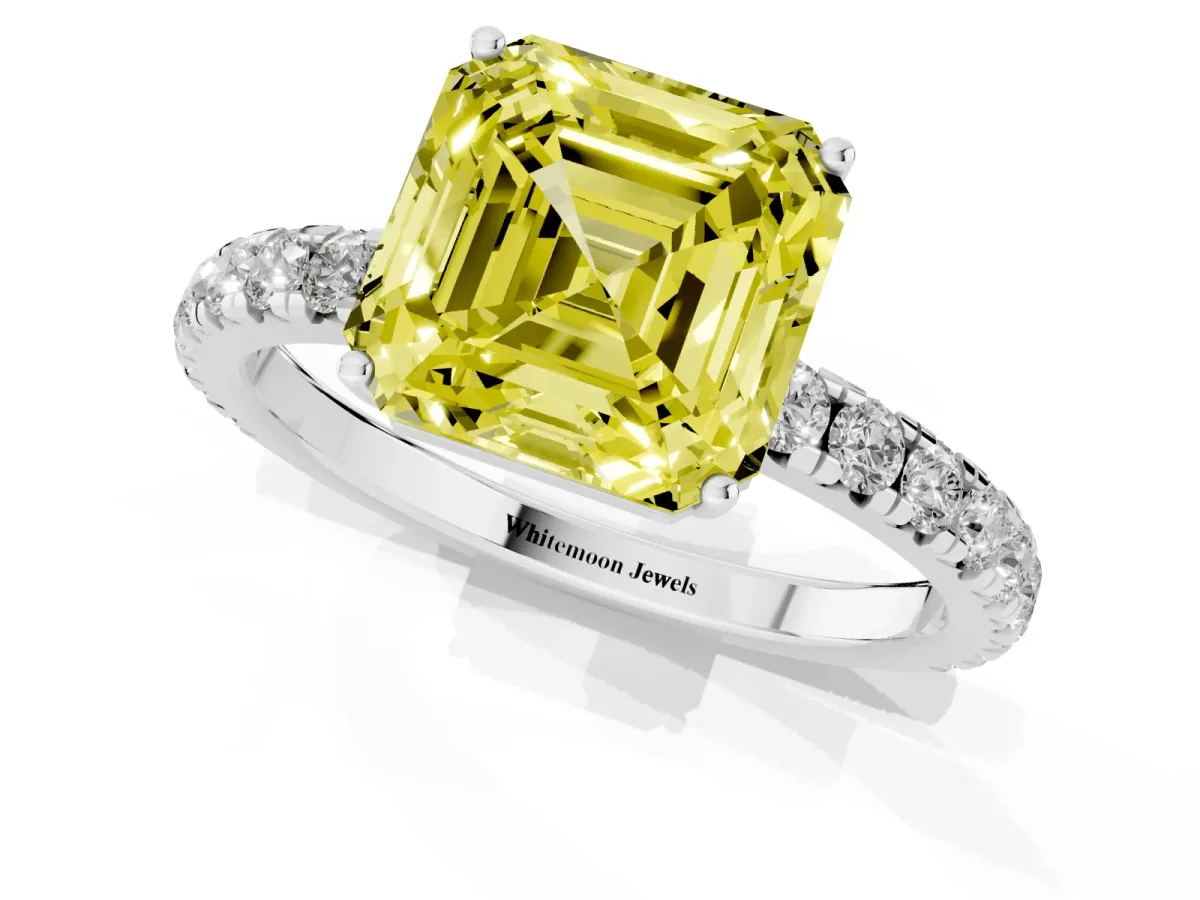 Fancy Yellow Asscher Cut Diamond Pavé Solitaire Engagement Ring with Four-Prong Setting Silver