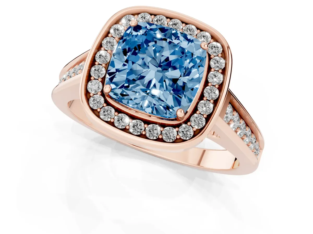Fancy Blue Cushion Cut Halo Solitaire Diamond Ring with Pave Band and Bezel Setting Rose gold