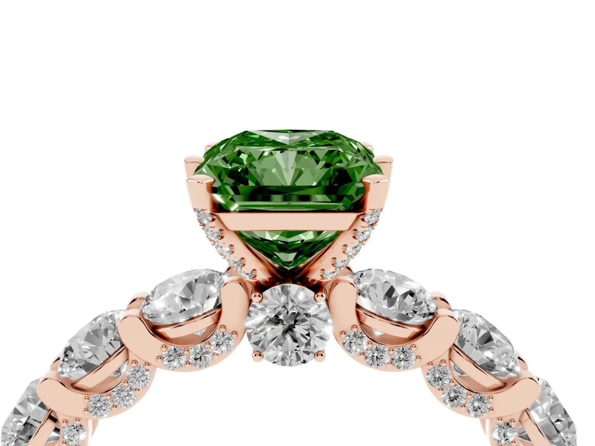 Fancy Green Radiant Cut Diamond Side Stone Engagement Ring with Four-Prong Setting Rose gold
