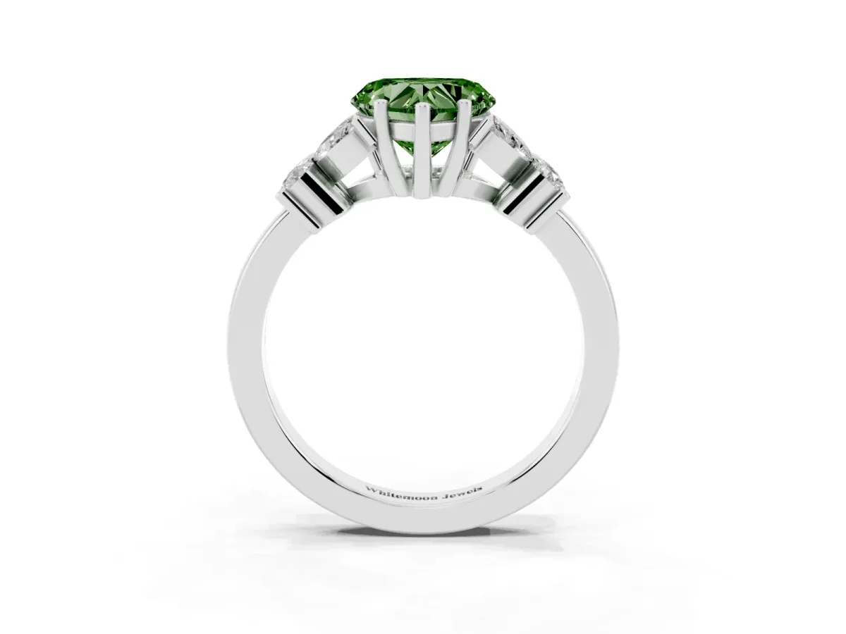 Fancy Green Heart Cut Diamond Floral Cluster Ring with Solitaire Band and Prong Setting Platinum