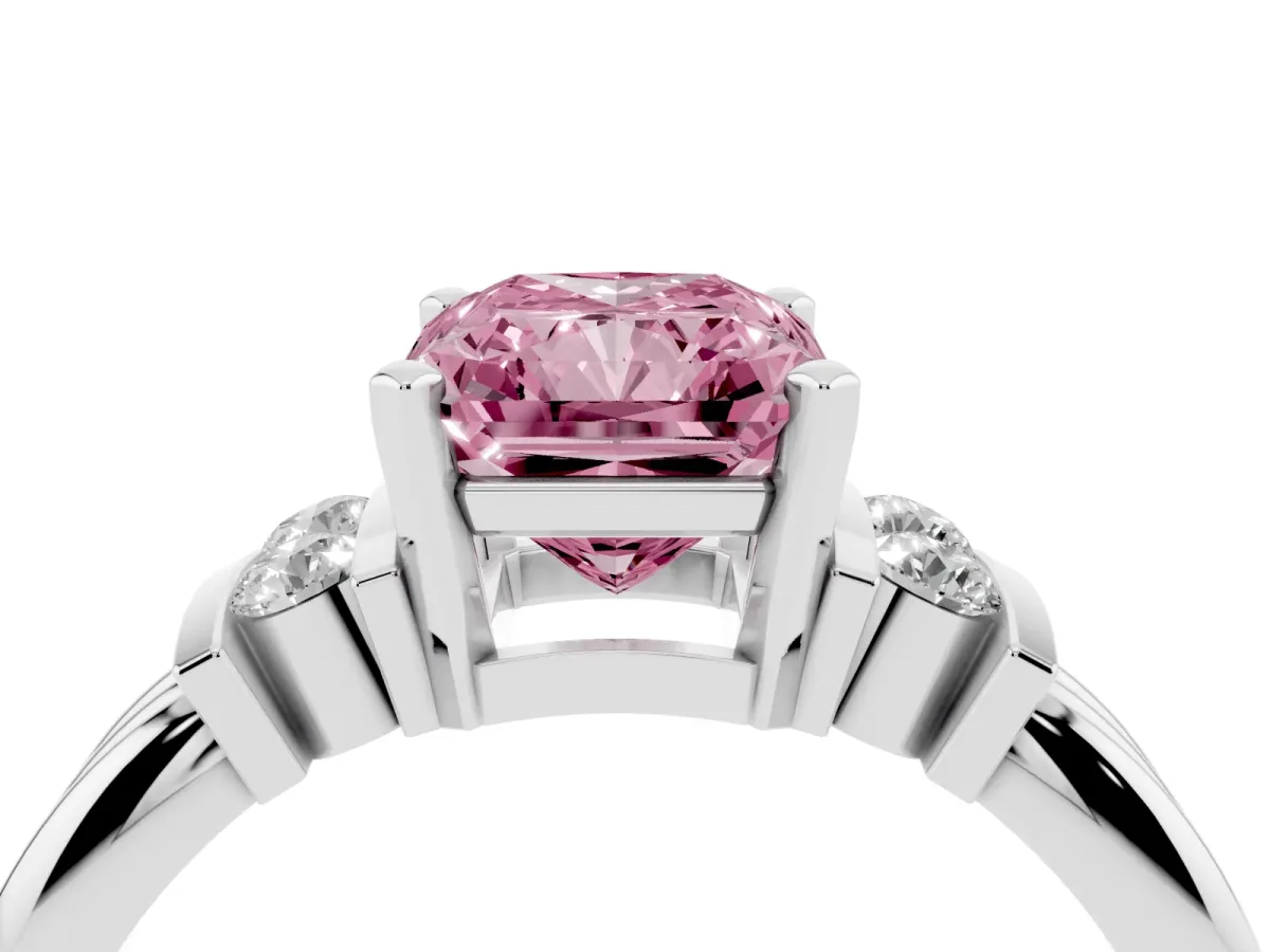 Fancy Pink Radiant Cut Cut Three-Stone Channel Set Ring with Bar Prongs Silver