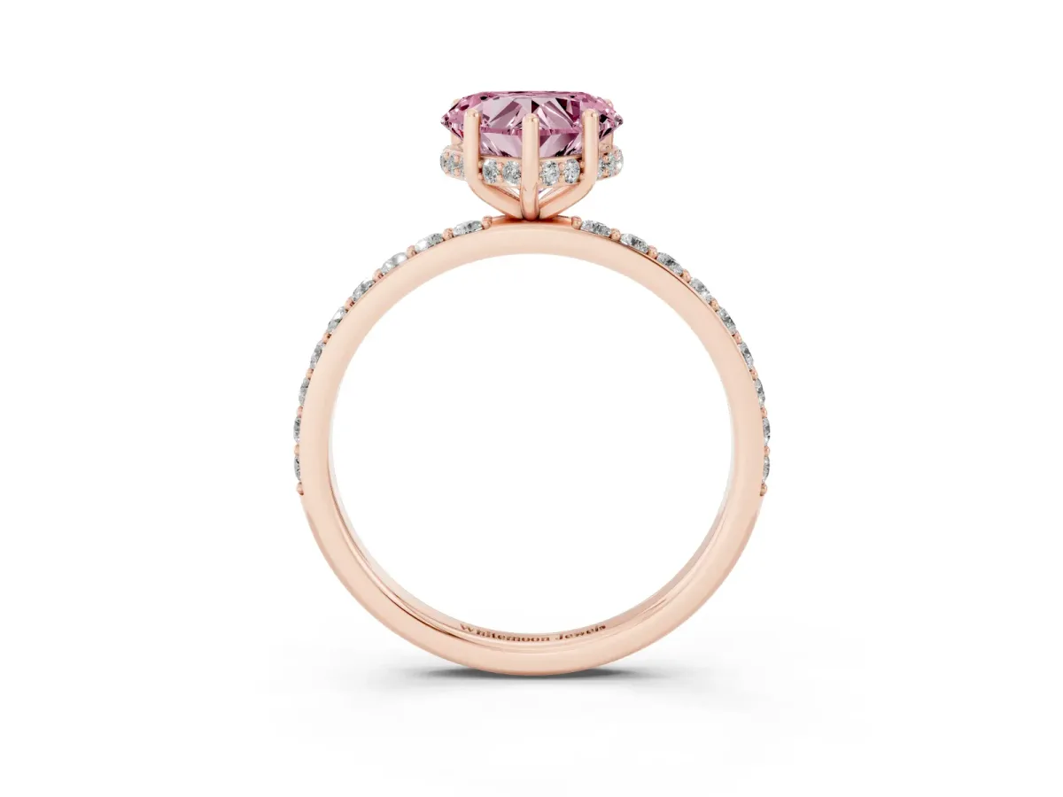 Fancy Pink Heart Cut Diamond Solitaire Ring with Pavé Band and Hidden Halo Rose gold
