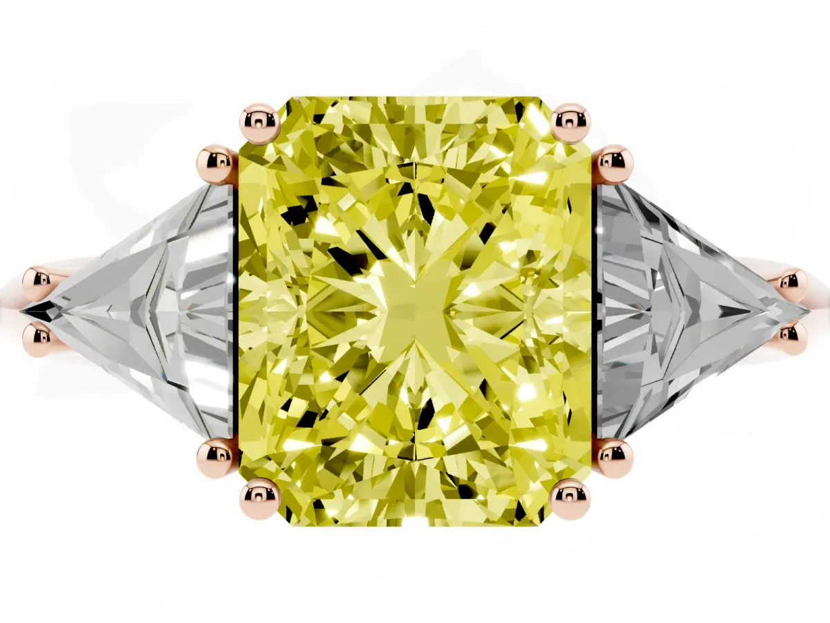 Fancy Yellow Three-Stone Radiant Cut Diamond Engagement Ring with Trillion Side Stones and Prong Setting Rose gold