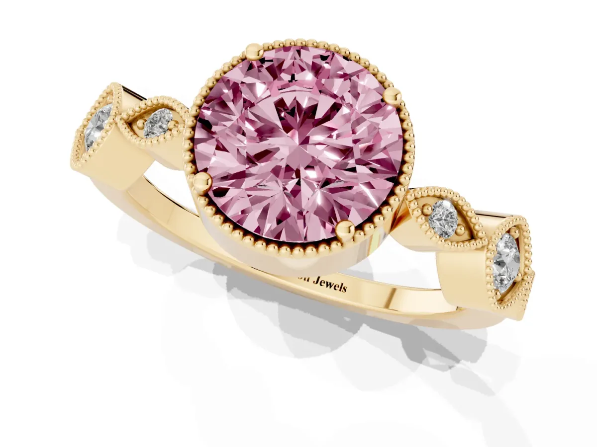 Fancy Pink Round Cut Diamond Vintage Milgrain Ring with Round Stations Yellow gold