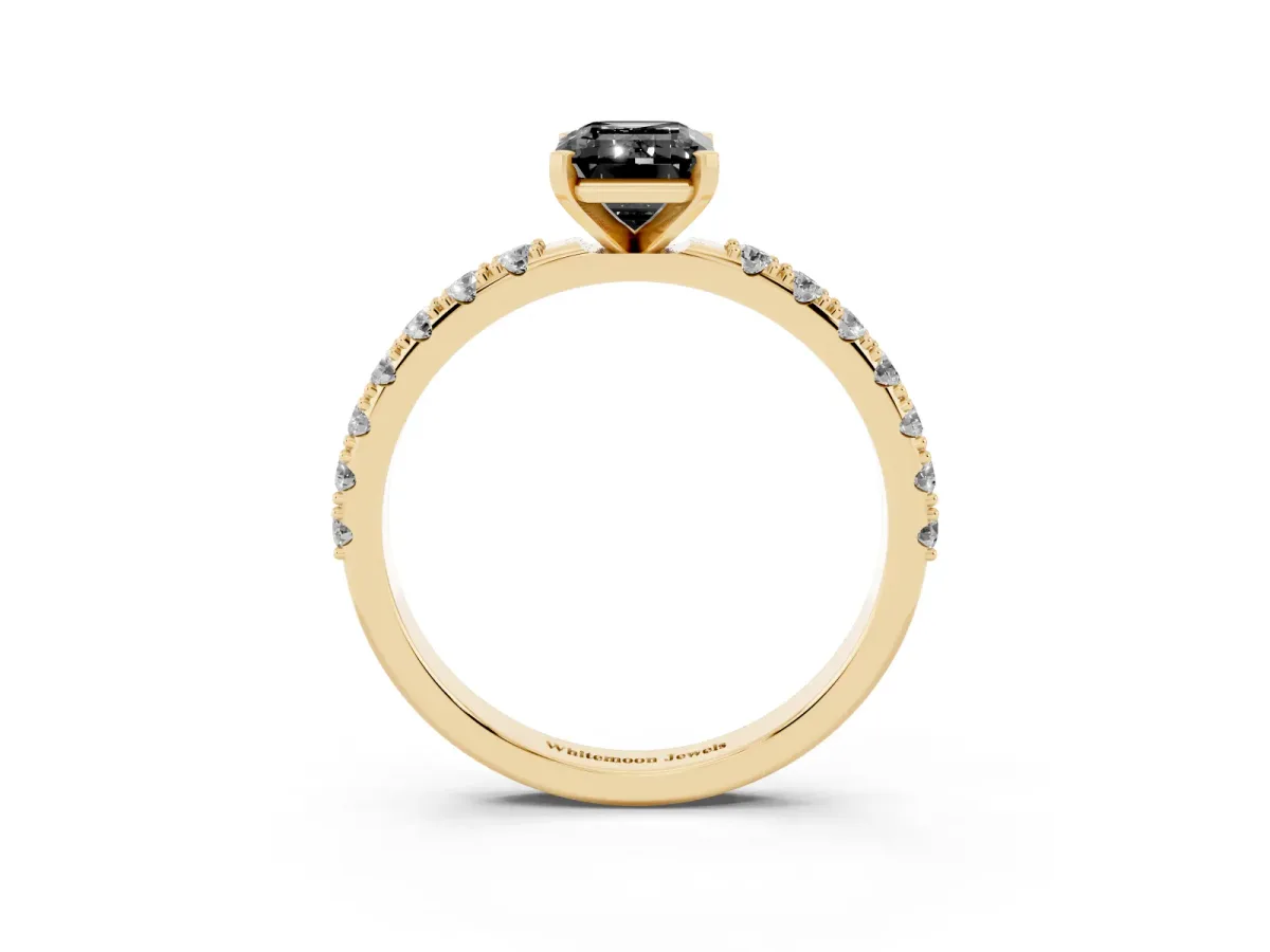 Fancy Black Emerald Cut Diamond Solitaire Pavé Band with Four-Prong Setting Yellow gold