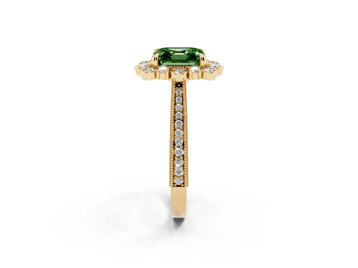 Fancy Green Asscher Cut Halo Milgrain Pave Diamond Ring with Four-Prong Setting Yellow gold