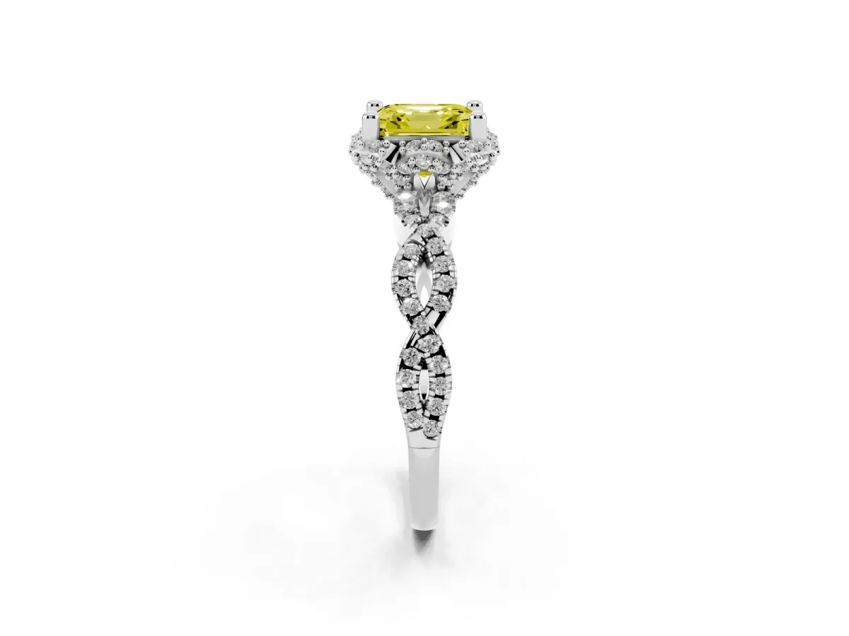 Fancy Yellow Asscher Cut Halo Twist Band Solitaire Ring with Six-Prong Setting Silver
