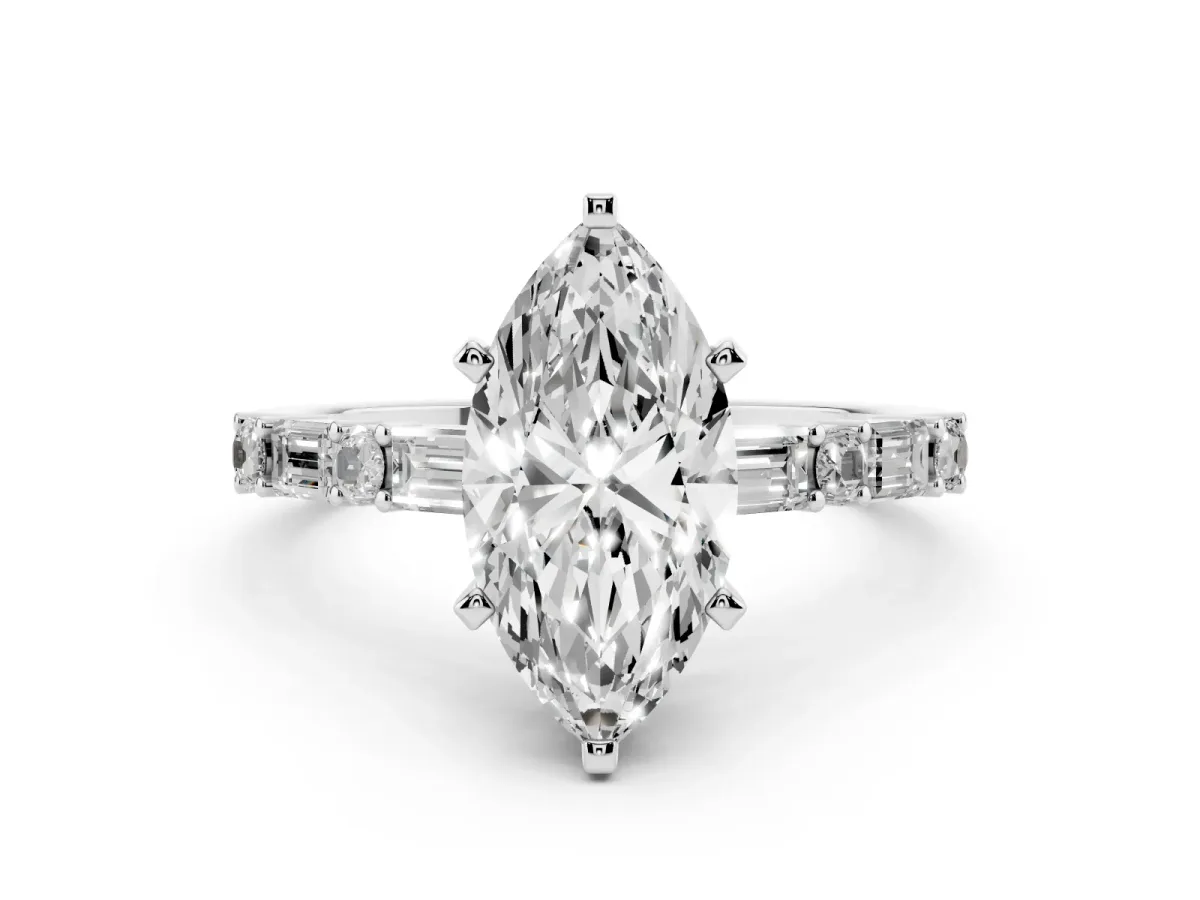 Marquise Cut Diamond Solitaire with Side Baguettes and Channel Set Band Silver